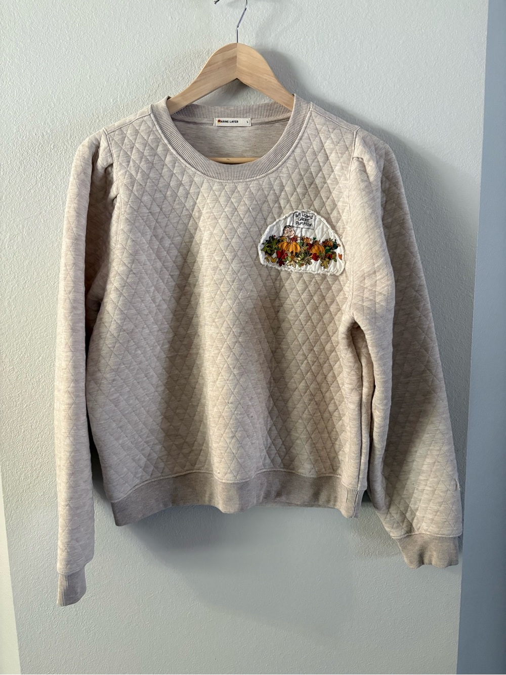 Quilted Marine Layer Sweater Peanuts Patchwork L